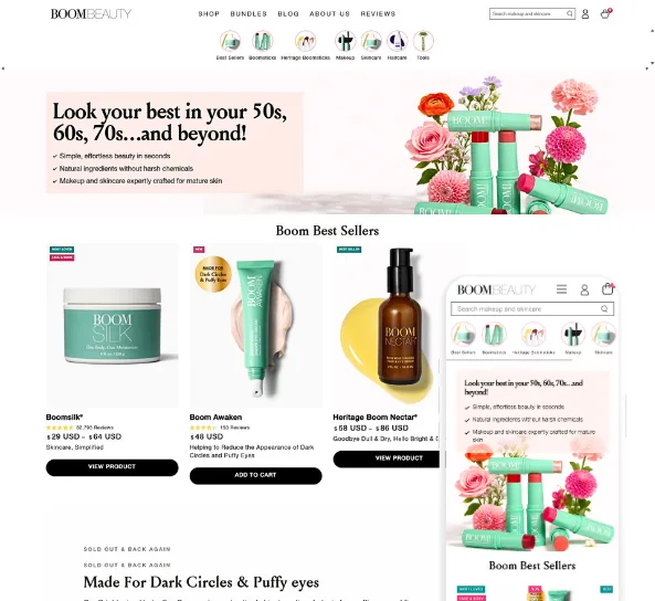 Boom Beauty skincare Shopify store, designed and built by Code Elevator