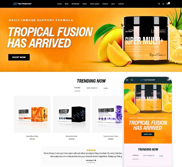 Nutrishop supplements Shopify store, designed and built by Code Elevator
