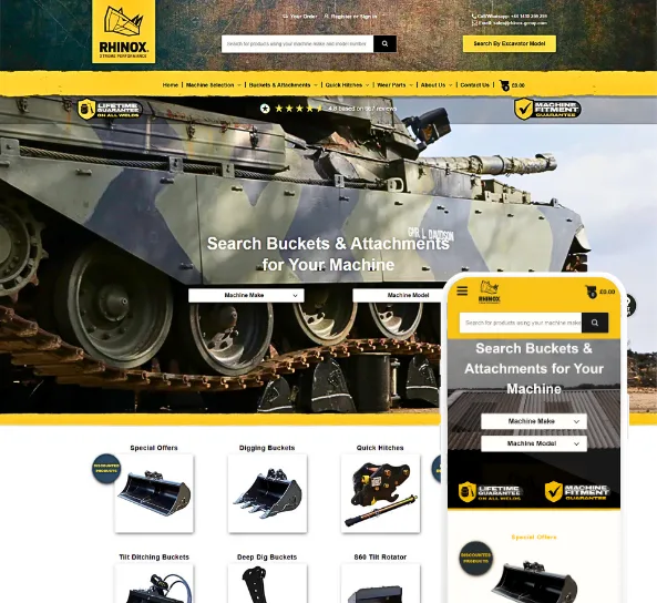 Rhinox heavy equipment Shopify store, designed and built by Code Elevator
